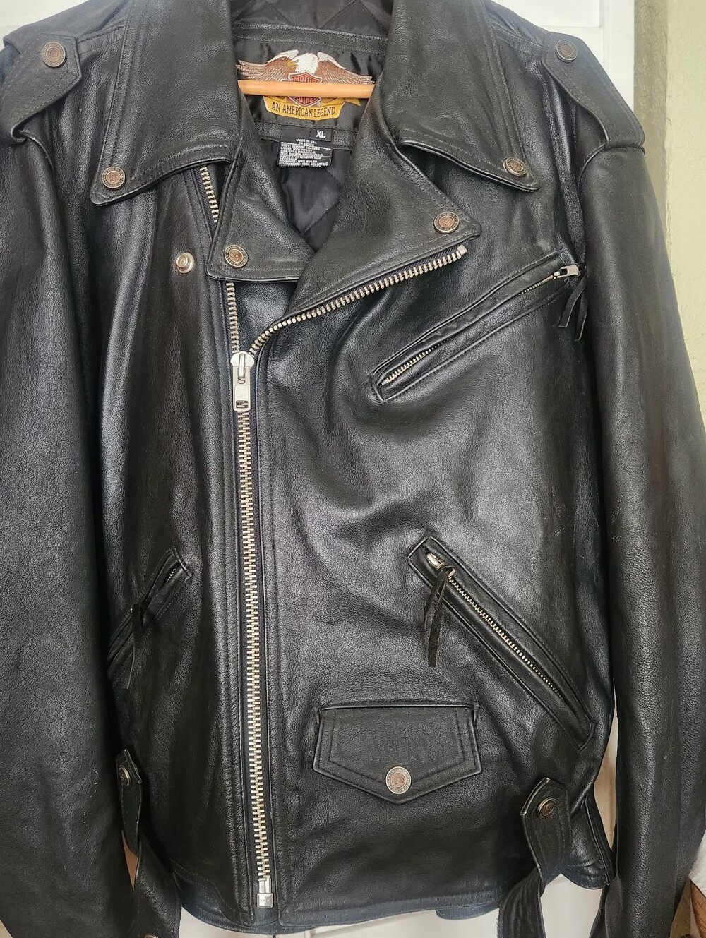 Harley-Davidson Black Leather Biker Jacket with Belt Mens Size XL